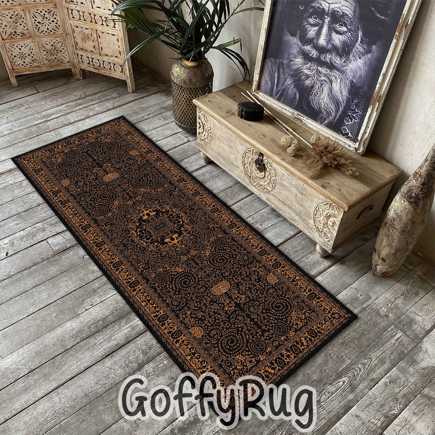 Black and Bronze Boho Chic Medallion Runner Rugs Ethnic Carpet Non-Slip Washable Bohemian Mat for Living Room Bedroom Kitchen Decor