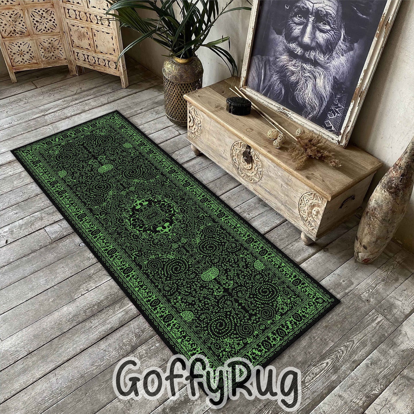 Black and Green Boho Chic Medallion Runner Rugs Ethnic Carpet Non-Slip Washable Bohemian Mat for Living Room Bedroom Kitchen Decor