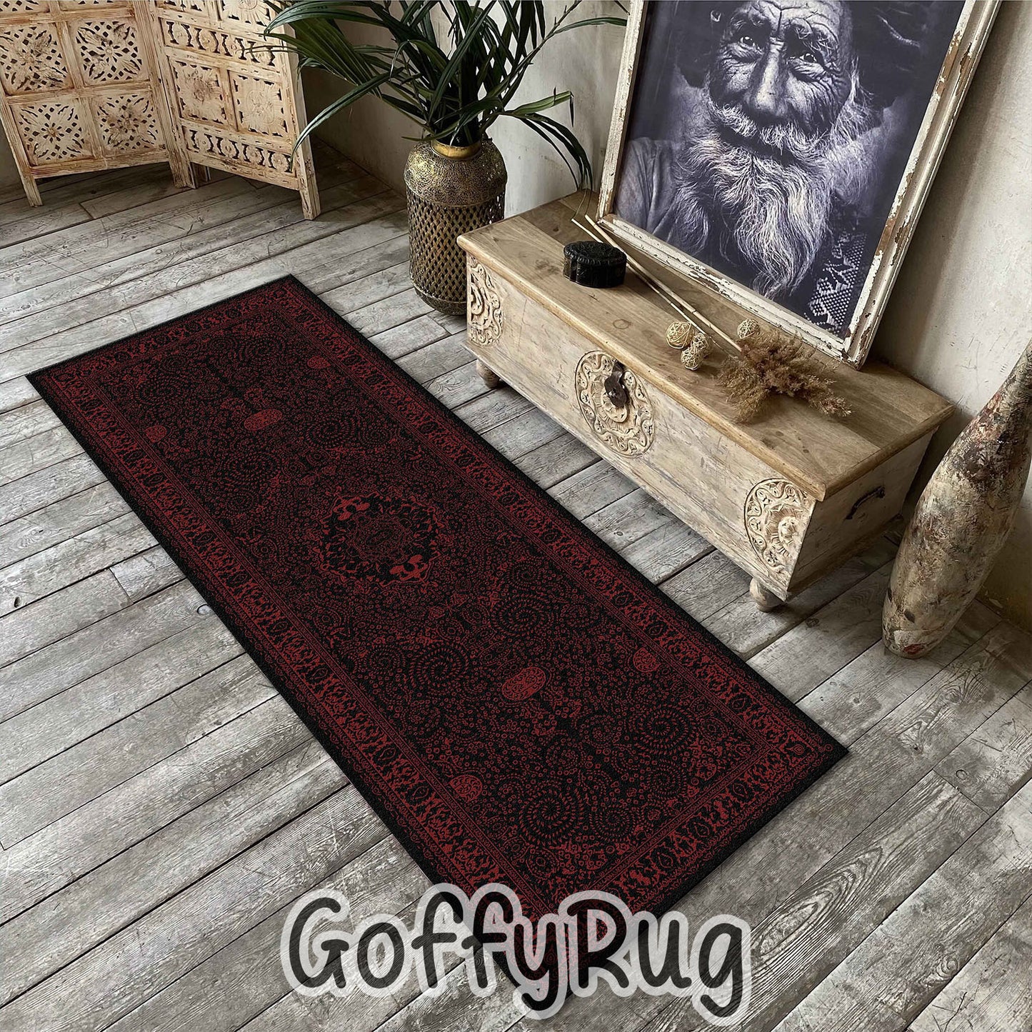 Black and Burgundy Boho Chic Medallion Runner Rugs Ethnic Carpet Non-Slip Washable Bohemian Mat for Living Room Bedroom Kitchen Decor