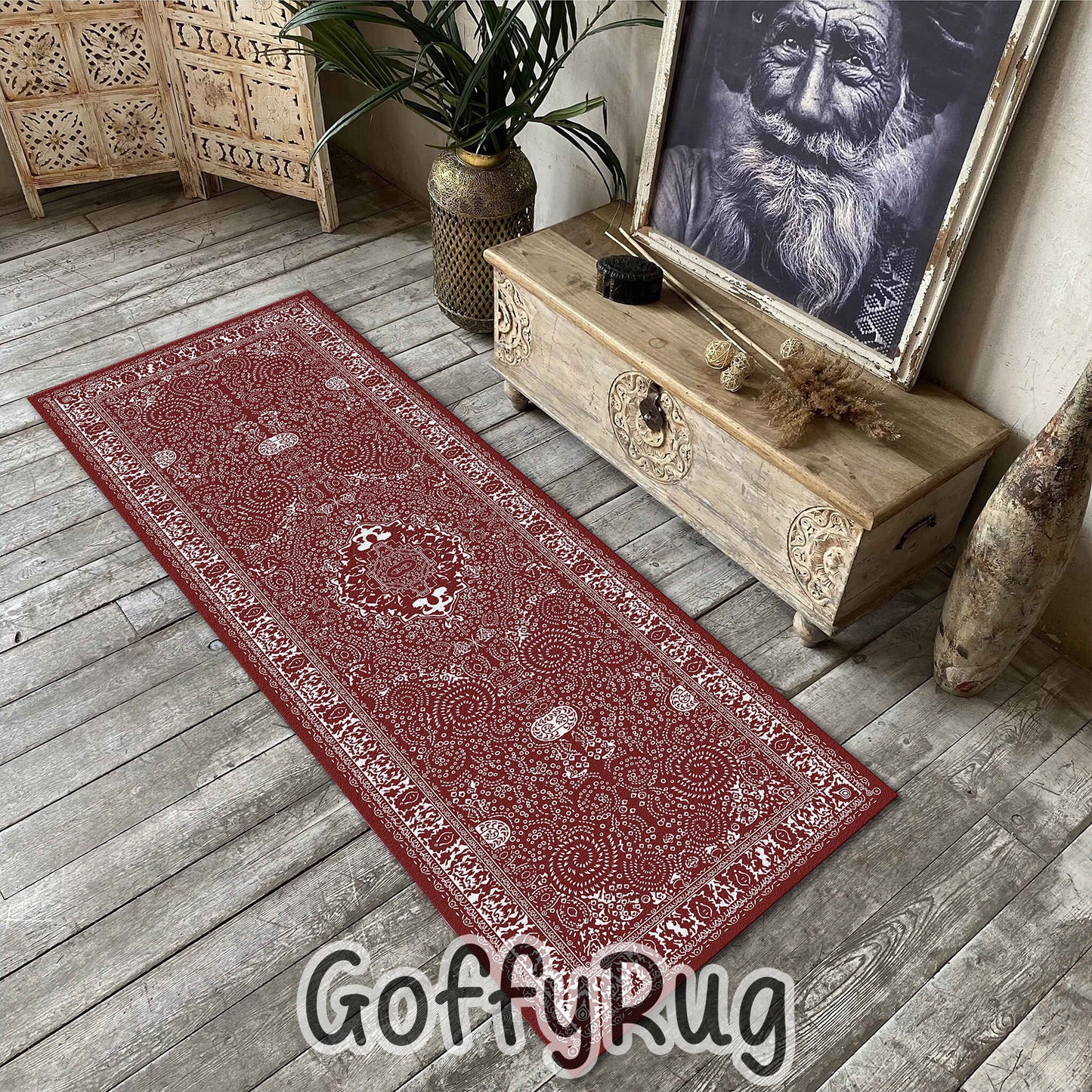 Burgundy and White Boho Chic Medallion Runner Rugs Ethnic Carpet Non-Slip Washable Bohemian Mat for Living Room Bedroom Kitchen Decor