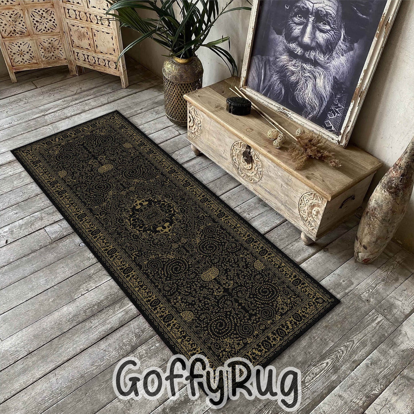 Black and Beige Boho Chic Medallion Runner Rugs Ethnic Carpet Non-Slip Washable Bohemian Mat for Living Room Bedroom Kitchen Decor