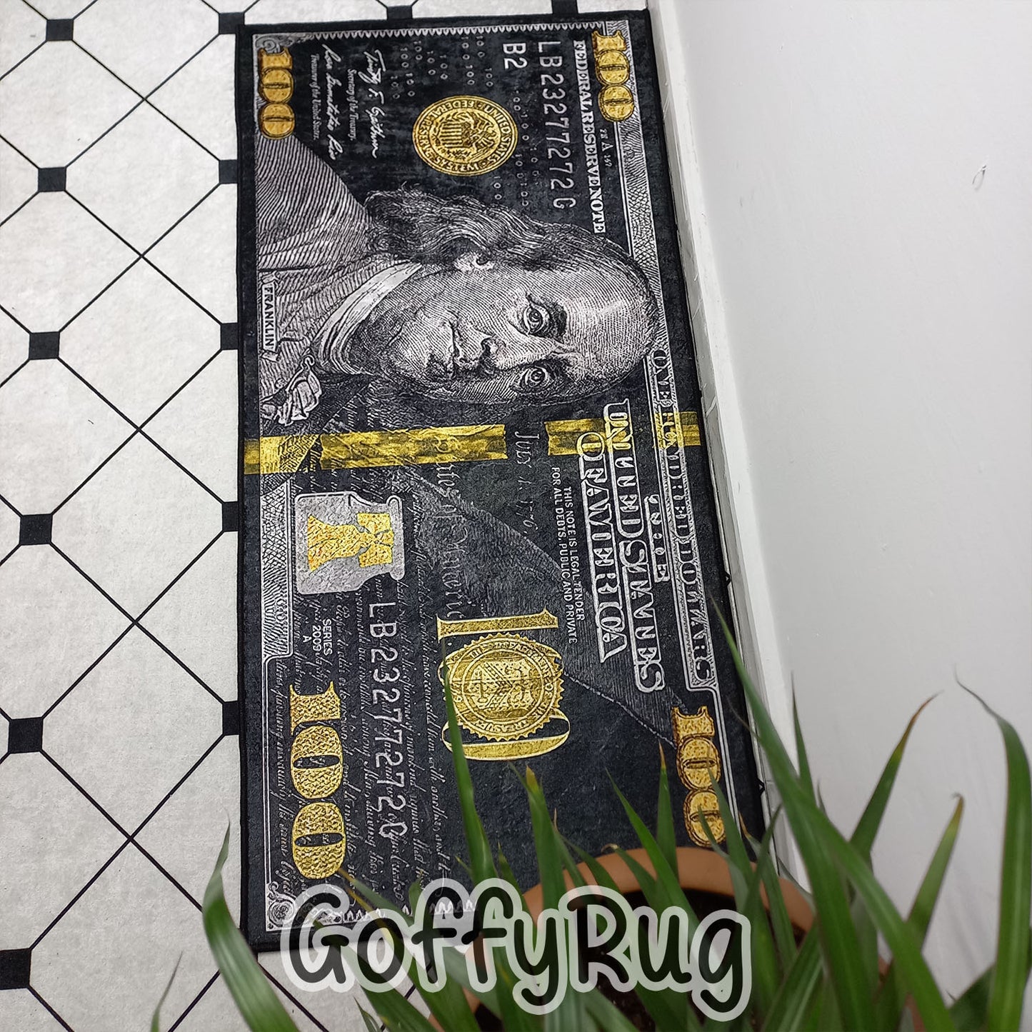 Black and Gold 100 Dollar Bill Runner Rug Benjamin Franklin Patterned Carpet for Kitchen Hallway Bedroom Living Room Luxury Home Office Decor