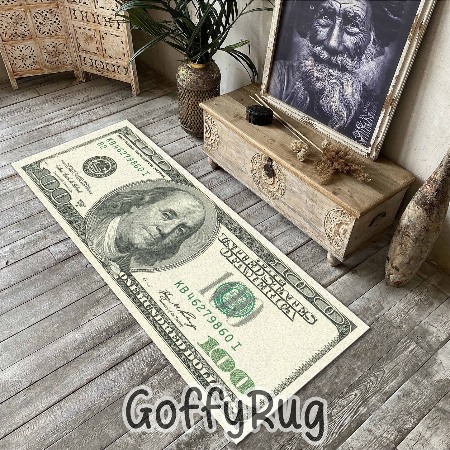 100 Dollar Bill Rug Benjamin Franklin Patterned Carpet for Kitchen Hallway Runner Bedroom Living Room Washable Nonslip Mat Aesthetic Luxury Home Office Decor