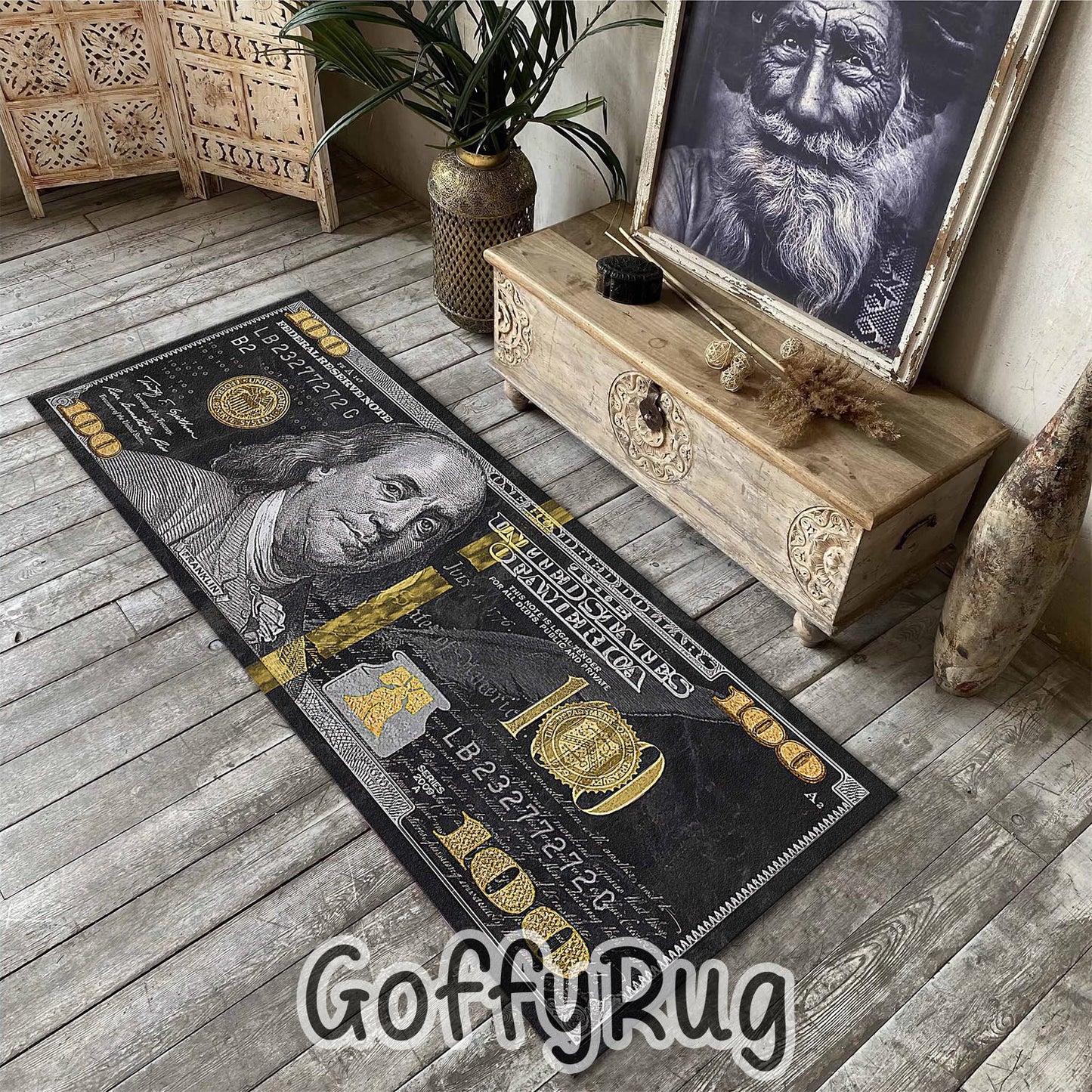 Black and Gold 100 Dollar Bill Runner Rug Benjamin Franklin Patterned Carpet for Kitchen Hallway Bedroom Living Room Luxury Home Office Decor