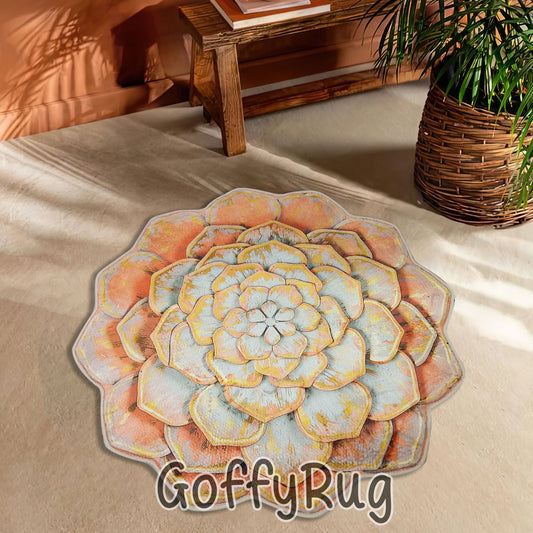 Lotus Flower Shaped Tan Color Carpet for Bedroom Kitchen Entrance Bathmat Non-Slip Washable Soft Thick Floral Mat Decor