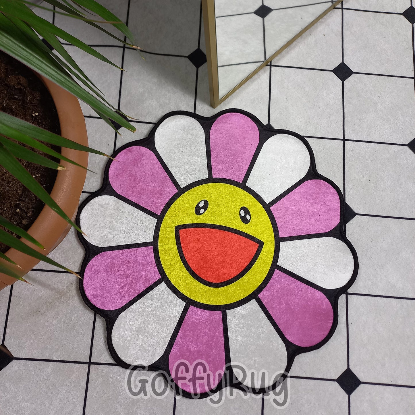 Pink Takashi Murakami Rug Rainbow Carpet Daisy Shaped Mat Contemporary Art Pop Culture Hypebeast Decor