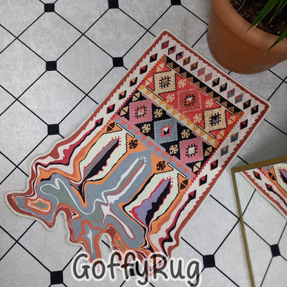 Kilim Patterned Melting Rug Boho Chic Medallion Bohemian Carpet for Living Room Bedroom Kitchen Liquify Floral Aesthetic Mat Home Decor Gift