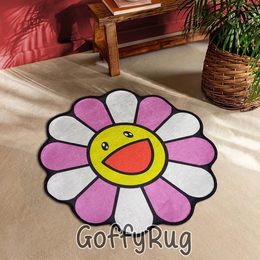 Pink Takashi Murakami Rug Rainbow Carpet Daisy Shaped Mat Contemporary Art Pop Culture Hypebeast Decor