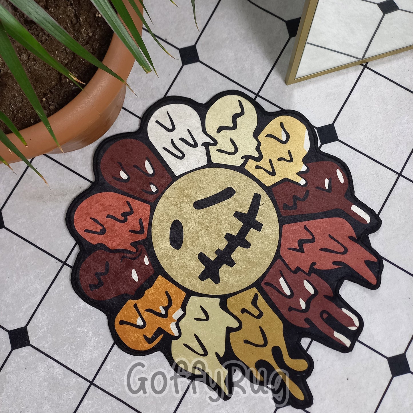 Melting Takashi Murakami Rug Dark Color Rainbow Carpet Daisy Shaped Mat Contemporary Art Pop Culture Hypebeast Decor